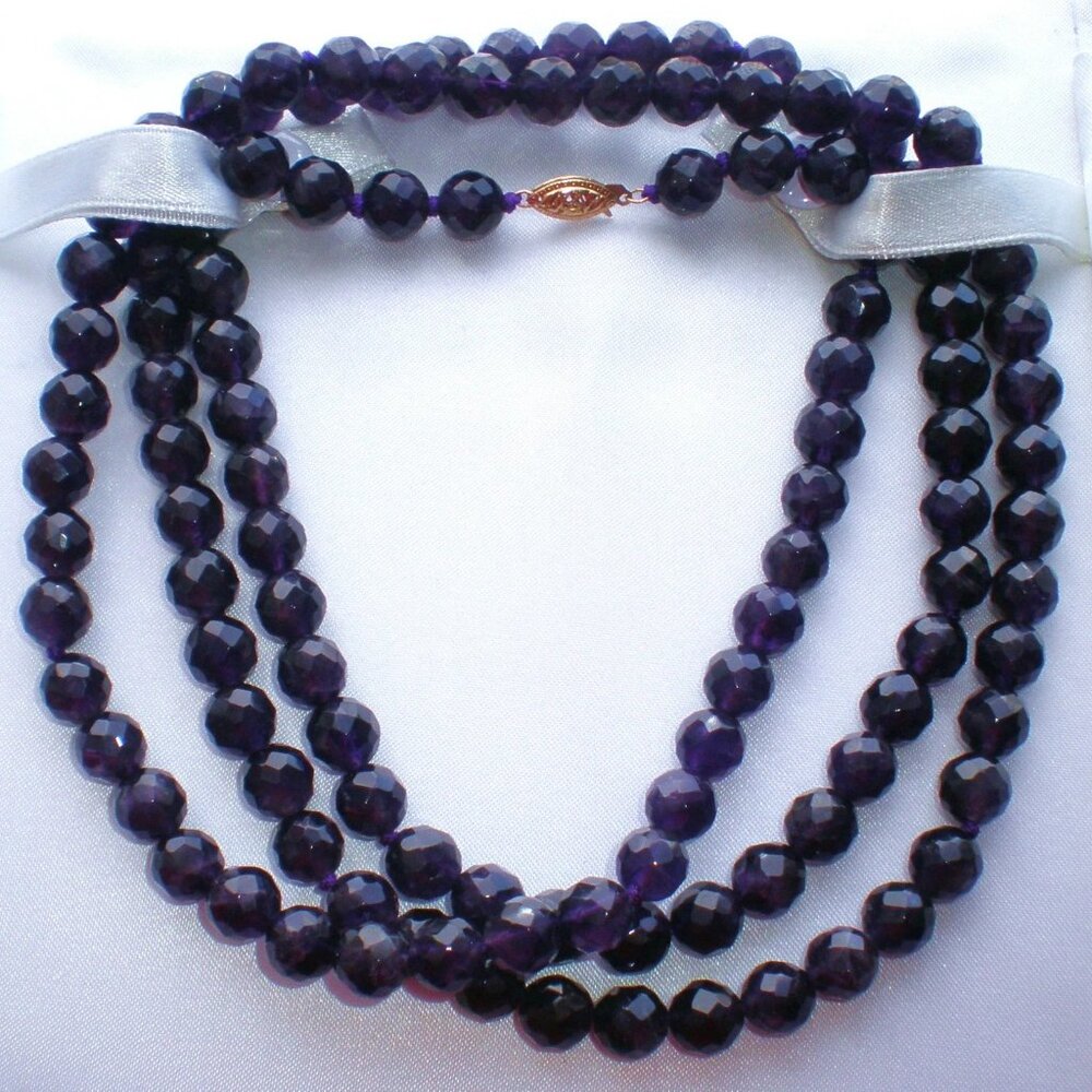 14K Yellow Gold Clasp 8MM Faceted Amethyst 40" Opera Length Beaded Necklace
